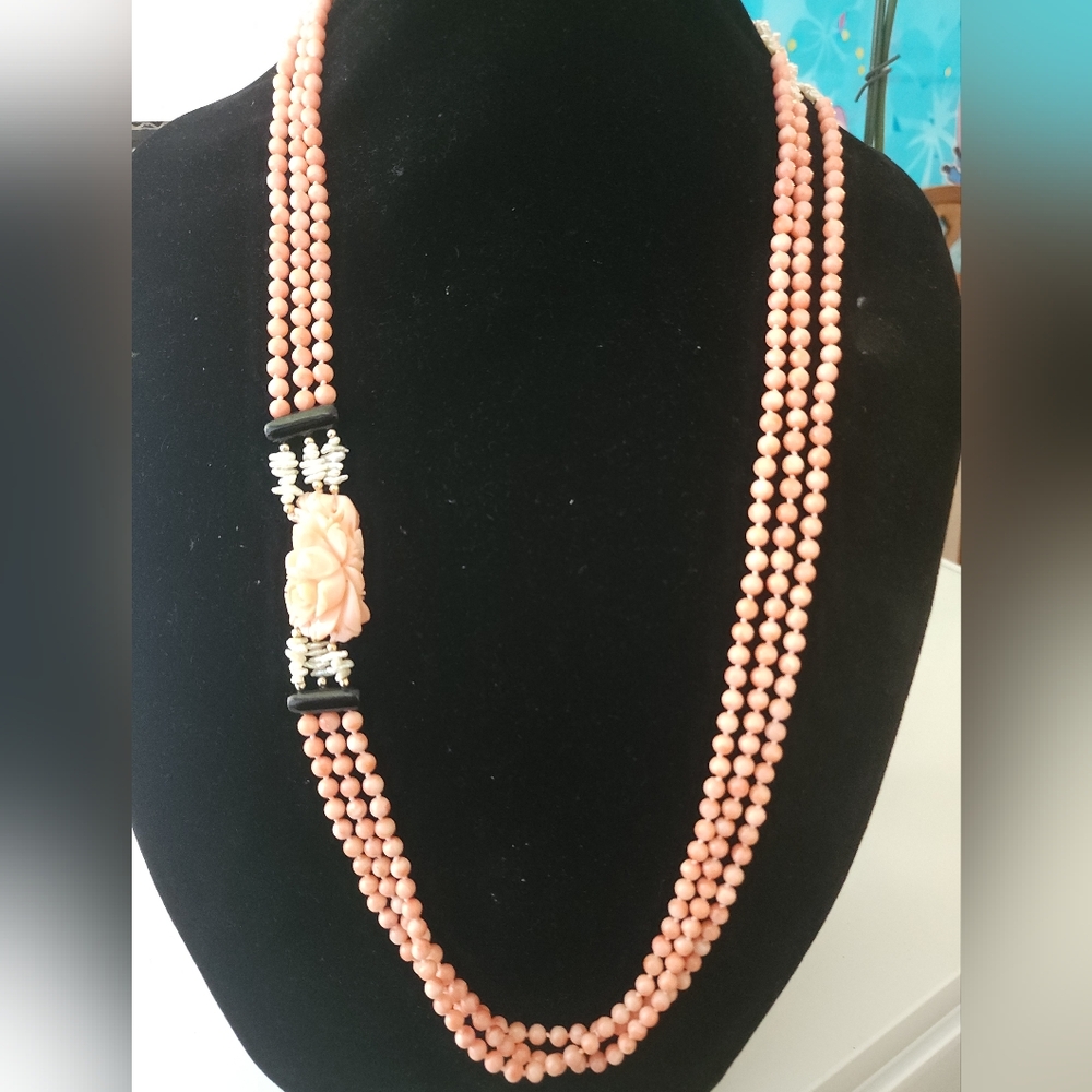 Vintage Pink Angel Skin Carved Coral Seed Pearl and Onyx Accent 3Strand Necklace